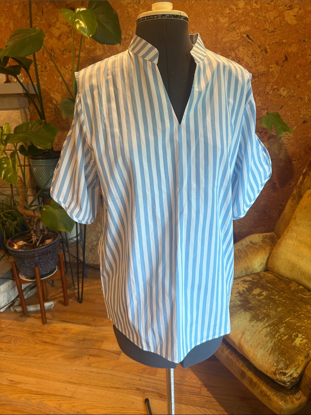 NWTAGS Blue and White Vertical Stripe Short-Sleeve Blouse with sleeve cutouts